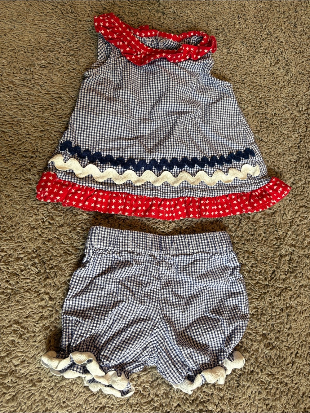 Girls Two-Piece Gingham Ruffle Set in Red, White and Blue